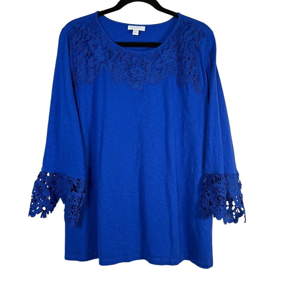 Charter Club Royal Blue Lace Knit Top Long Sleeve Crochet Floral Embroidery XXL